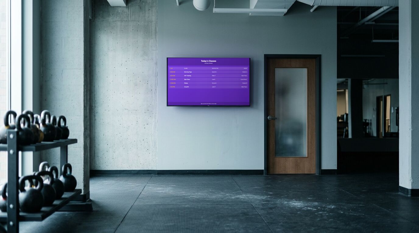 A gym entrance with a screen by the studio door showing today’s class schedule