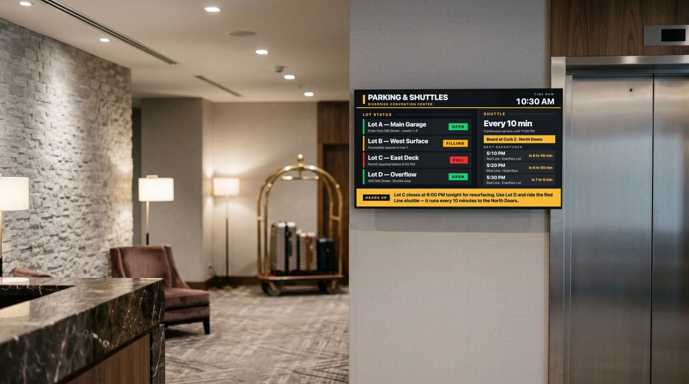A hotel lobby with a screen beside the lifts showing parking lot status and shuttle times