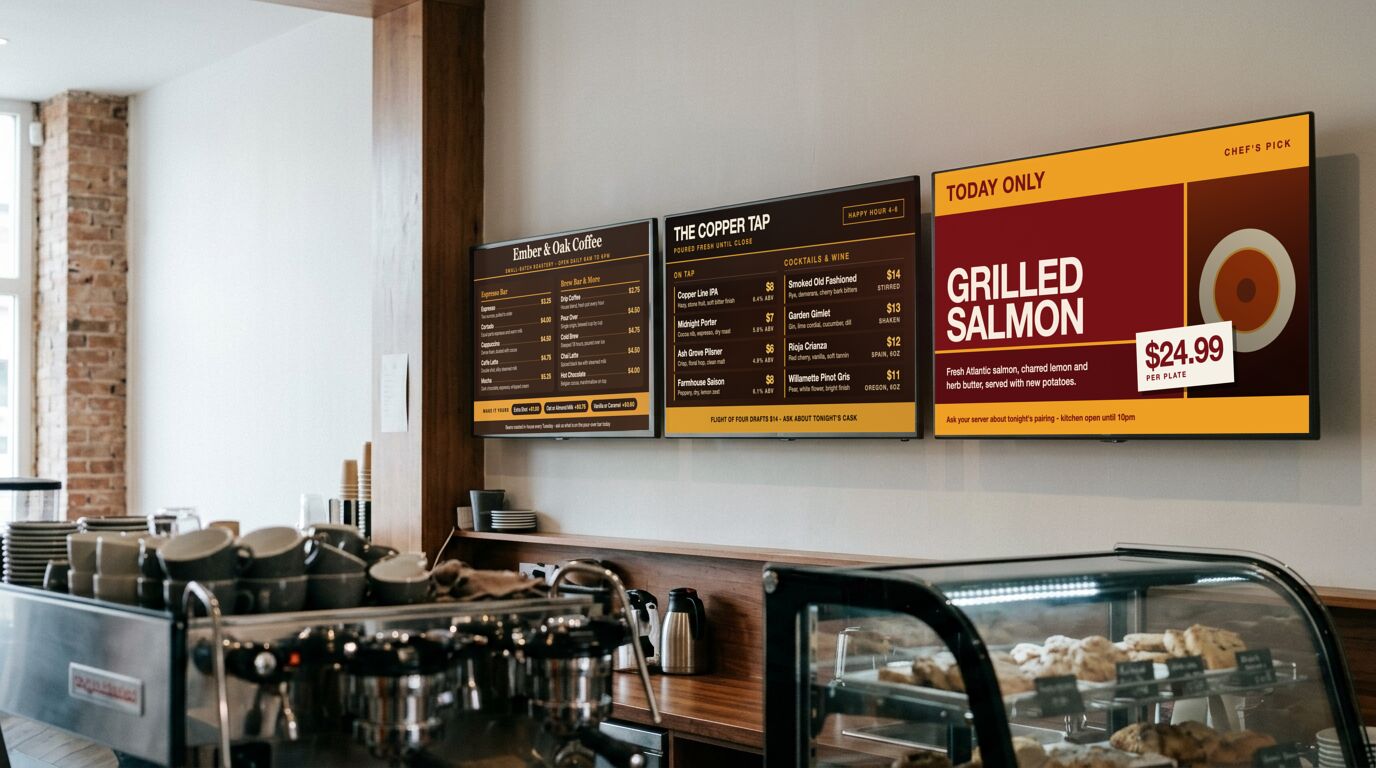 A café counter with three menu boards above it: coffee, drinks, and today’s special