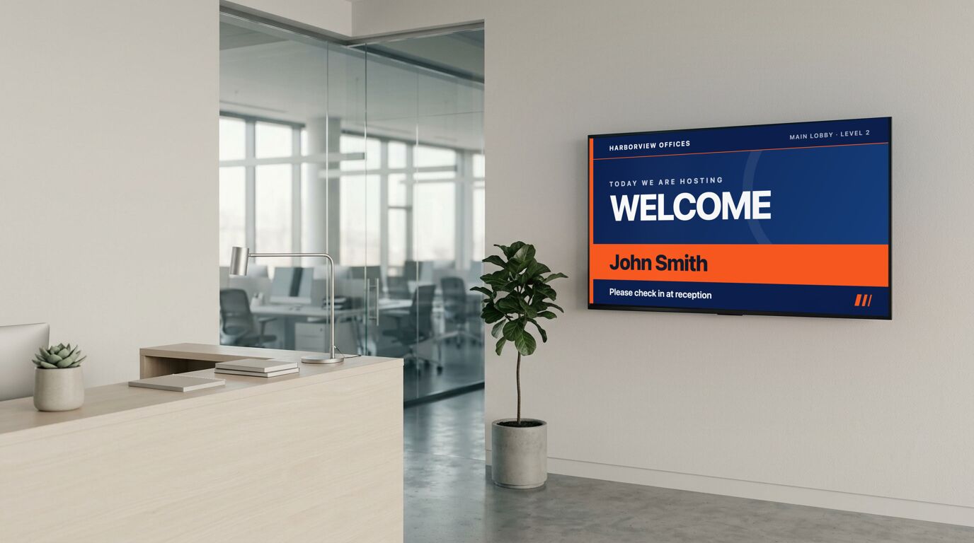 An office reception with a wall screen welcoming a visitor by name