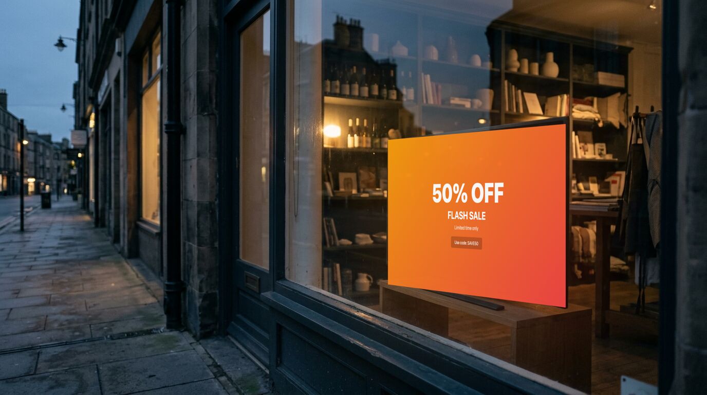 A shop window at dusk with a display showing a 50% off flash sale