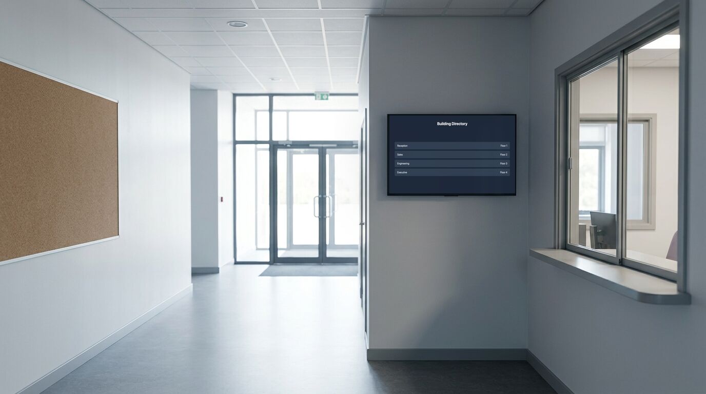 A school entrance with a wall screen showing a building directory for visitors