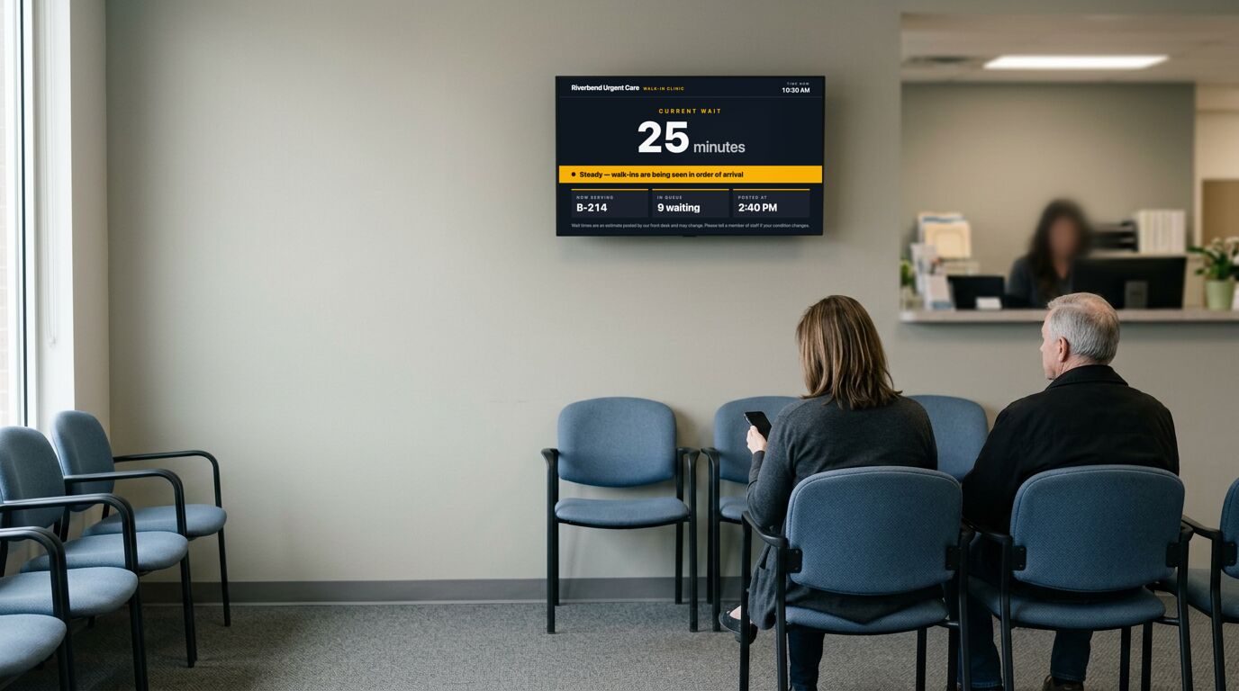 A clinic waiting room with a wall screen showing the current wait time of 25 minutes
