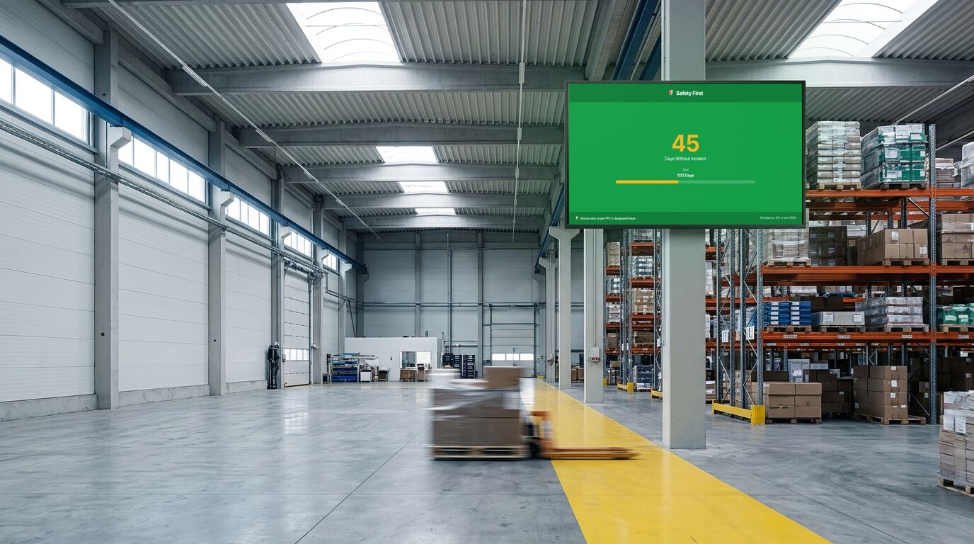 A production floor with a high-mounted screen showing a safety dashboard readable from across the bay