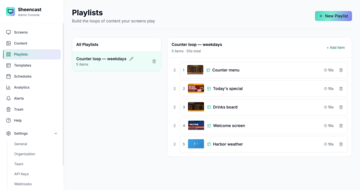 Sheencast on a laptop: the Playlists page, with a playlist called Counter loop — weekdays holding five items — a counter menu, today's special, a drinks board, a welcome screen and the weather