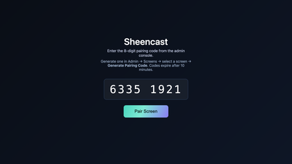 A TV showing play.sheencast.com, with the same eight-digit pairing code typed in and a Pair Screen button